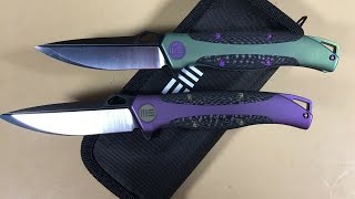 WE 606CFB and 606CFD knife purple and green knives with carbon fiber inserts framelock flippers