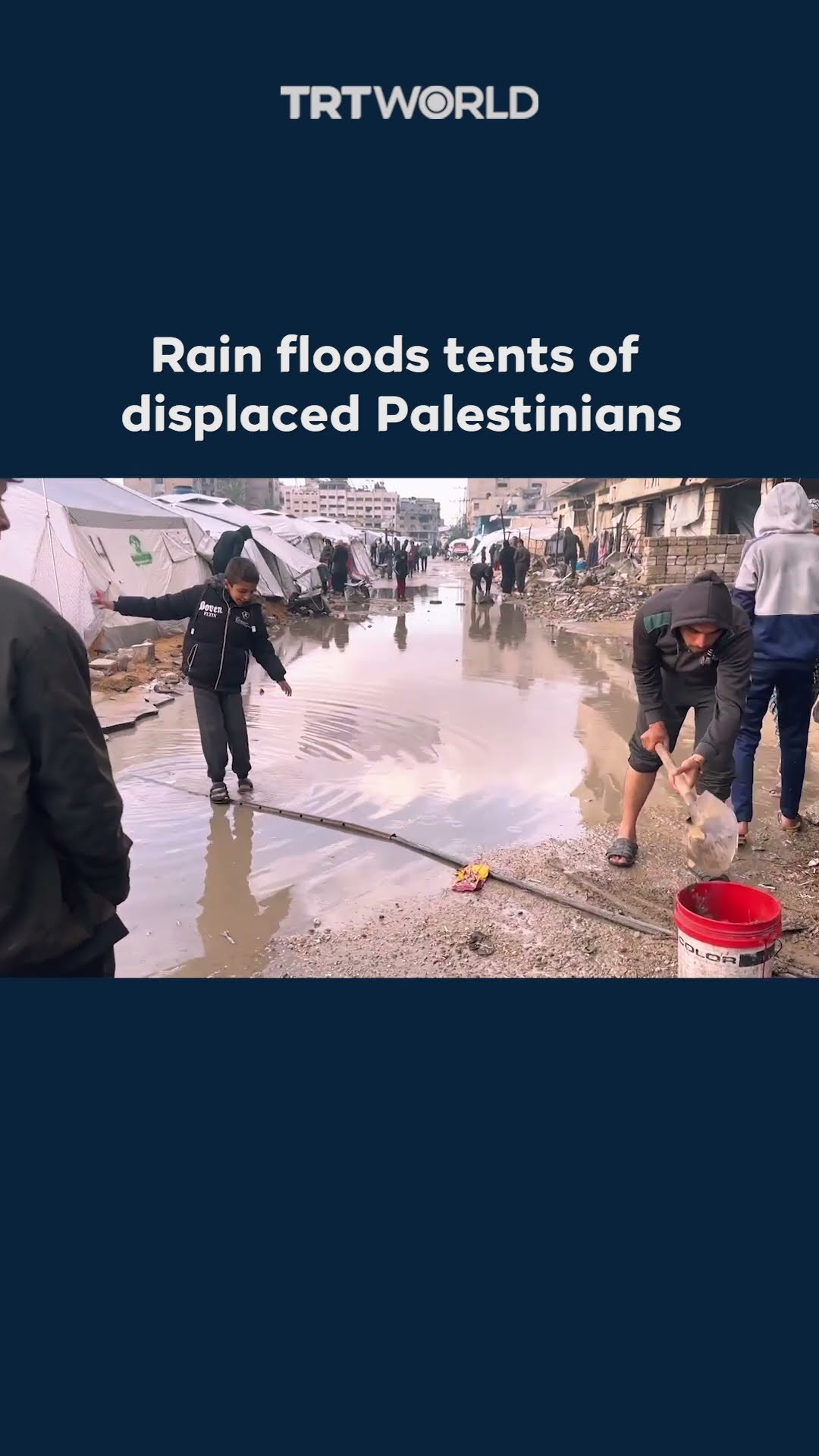 Displaced Palestinians suffer as their tents flood following rainfall in Qurban refugee camp