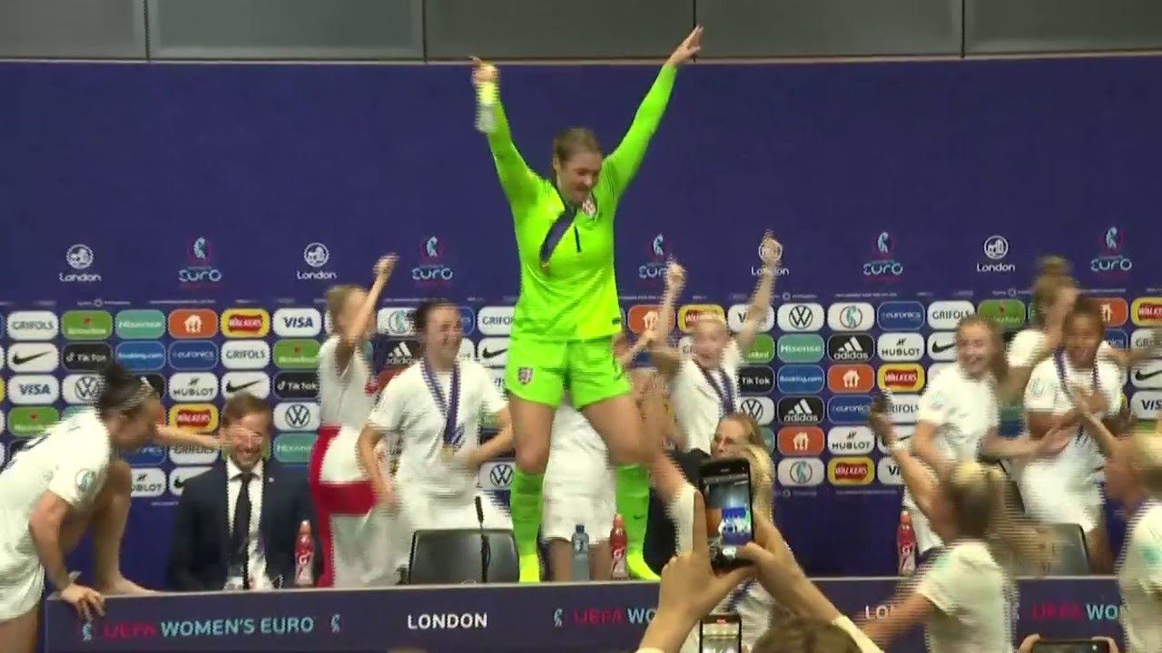 'It's coming home': England team crashes press conference to celebrate Euro victory