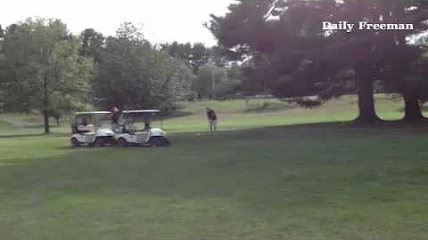 Diane Myers' tee shot on 18 during first round of ...