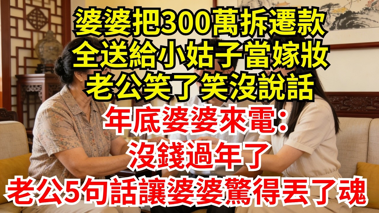 婆婆把300萬拆遷款，全送給小姑子當嫁妝，老公笑了笑沒說話。年底婆婆來電：沒錢過年了。老公5句話讓婆婆驚得丟了魂!#完結故事#情感故事#爽文#婆媳關系#婆媳和解 #女频温情 #家庭烟火气 #治愈小说