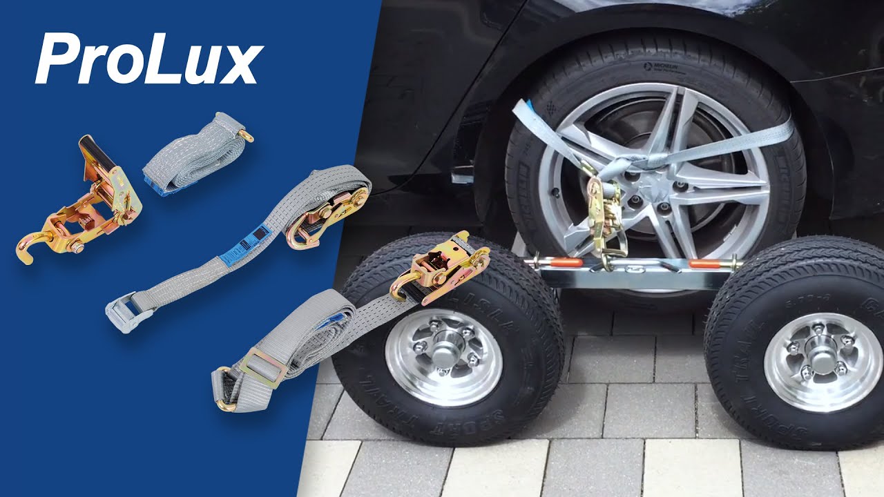 ProLux Radsicherungsgurt - Schnelles Verzurren von Fahrzeugen an der Hubbrille