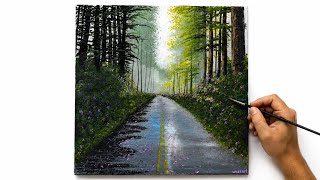 Misty Wet Forest Road I Easy Acrylic Tutorial