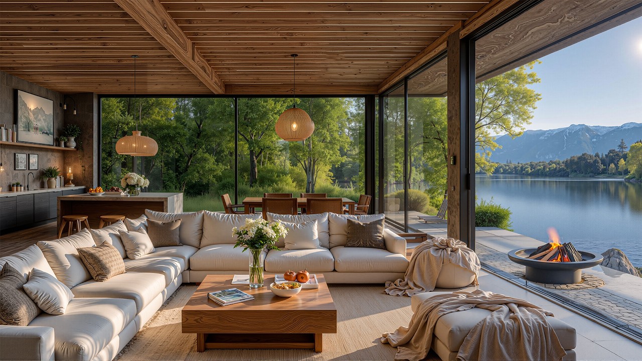 Soothing Jazz In A Tranquil Lakeside Living Room - Gentle Jazz Background To Promote A Positive Mood