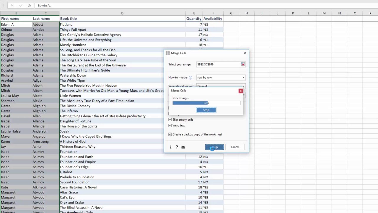 how to merge 2 cells in excel only into 1 column