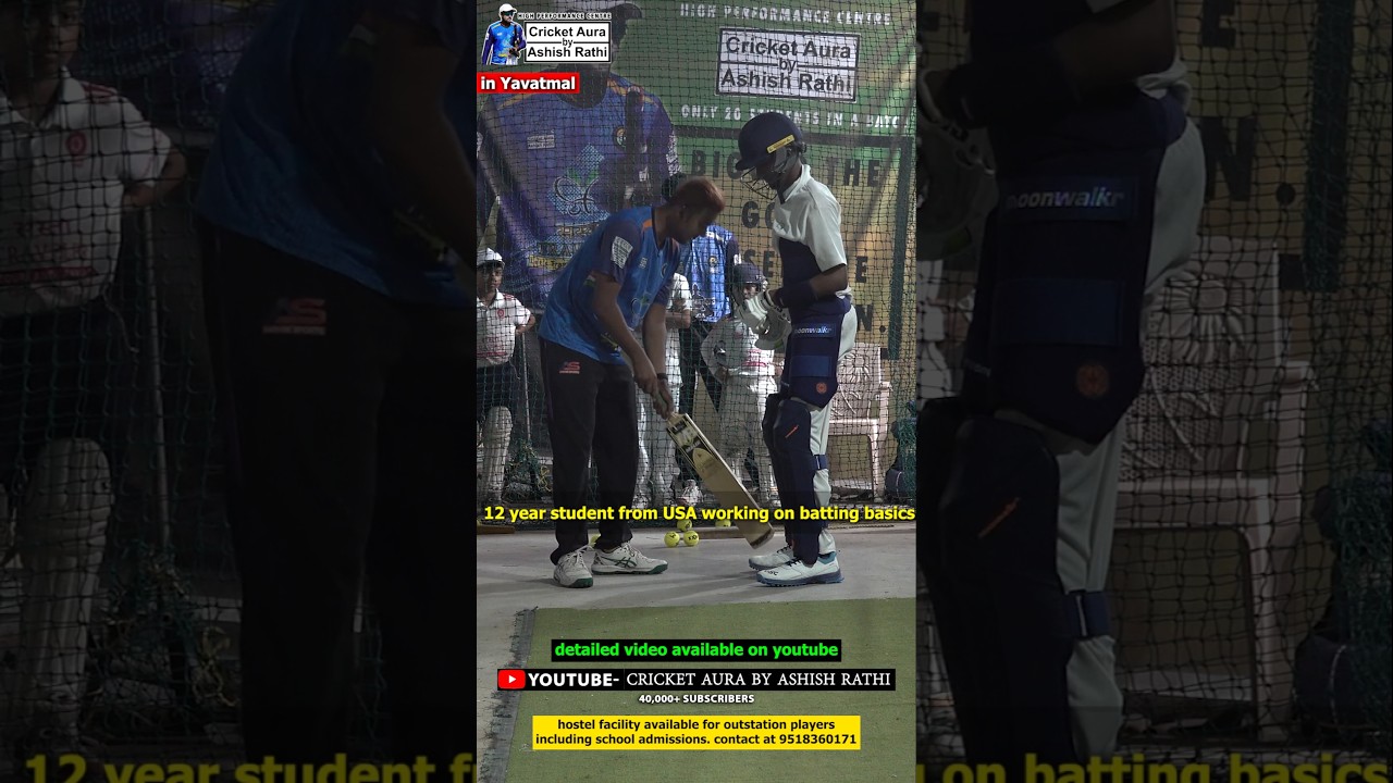 student from the USA , 12 year old getting his basics right from cricketer Ashish Rathi. stance grip