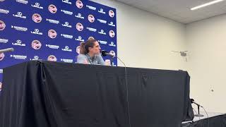Indiana Fever head coach Stephanie White speaks to reporters after Fever beat Seattle Storm