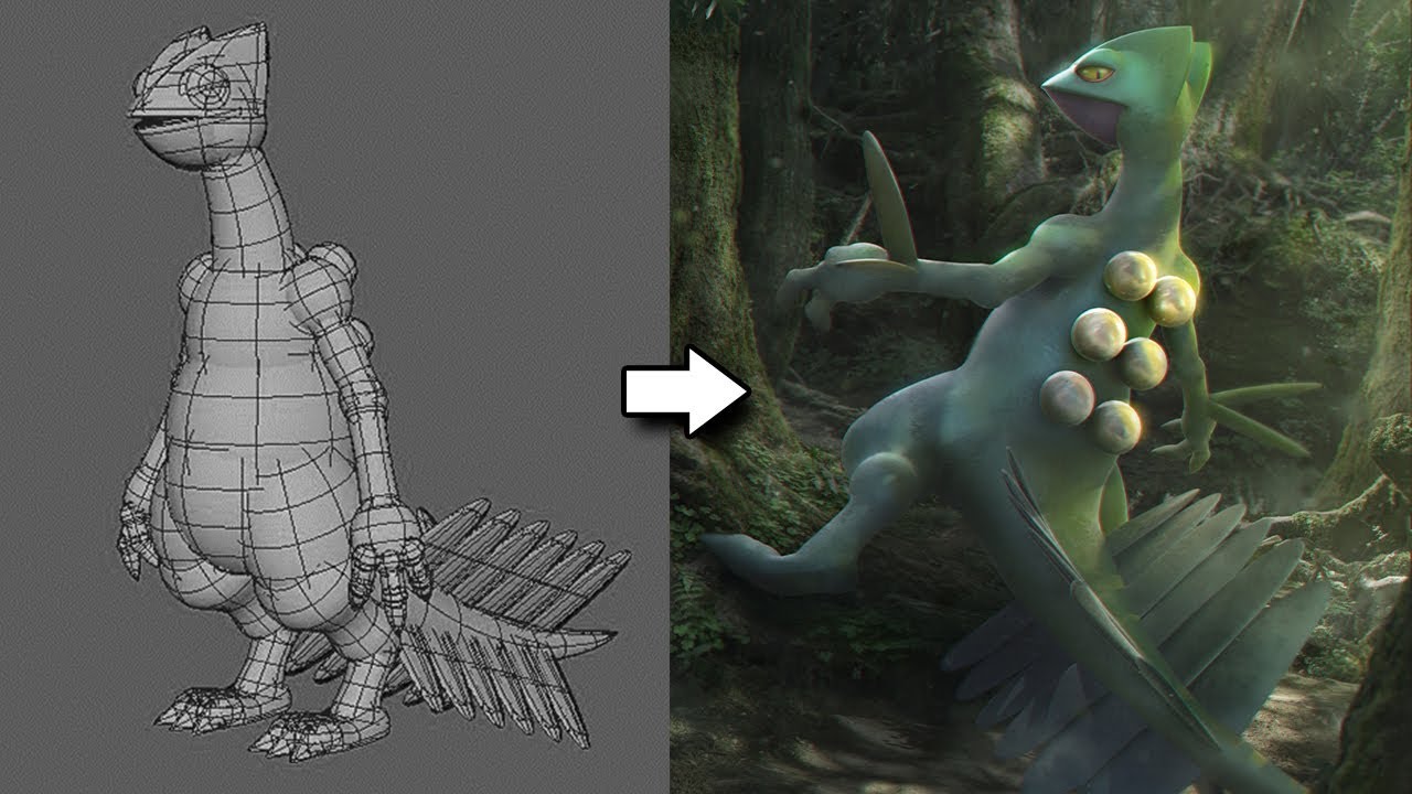 2d3d混合の手法でポケモンのジュカインを描いてみた Sceptile Digital Painting Process With Photobash 3d Youtube