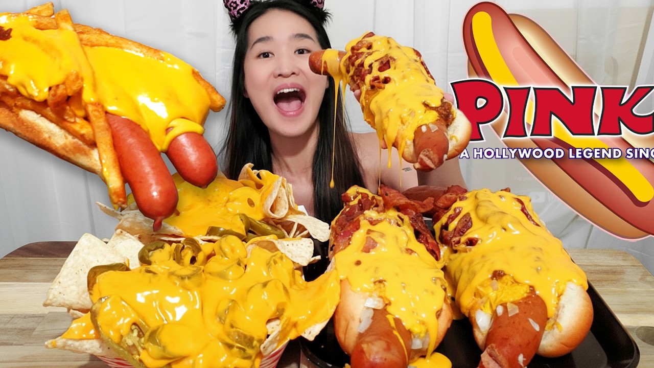 The MOST Cheesy Chili Cheese Dogs Mukbang! Pink's Hot Dogs | Satisfying ASMR Eating Show