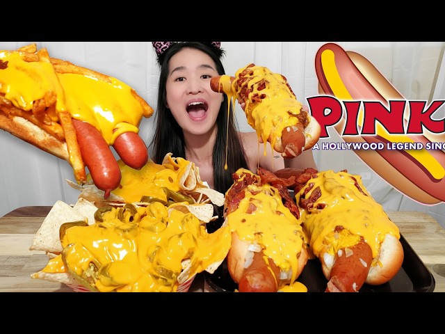 The MOST Cheesy Chili Cheese Dogs Mukbang! Pink's Hot Dogs | Satisfying ASMR Eating Show