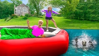 24 Hour Overnight Challenge on Backyard Inflatable Water Trampoline!! (Pond Monster Found Hiding)