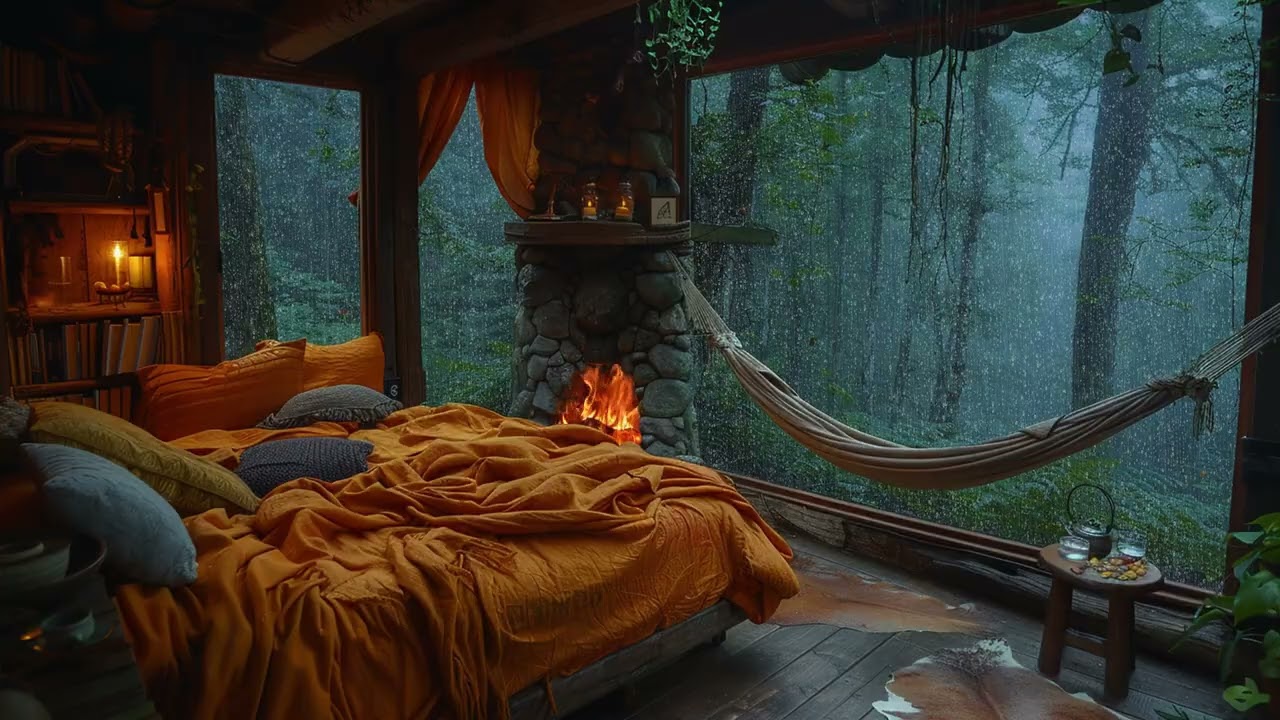 Foggy Forest Cabin in a Rainstorm - Thunder Crawls Over Trees & Fire Breathes a Slow, Golden Light