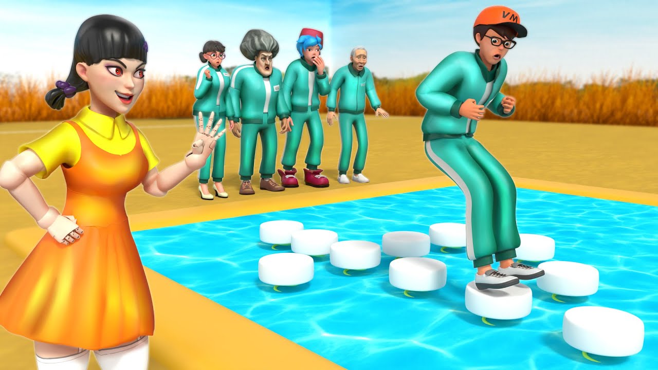 Игра «Кальмар 2» против «Страшного учителя» | Перепрыгни через камни, чтобы пересечь озеро — весё...