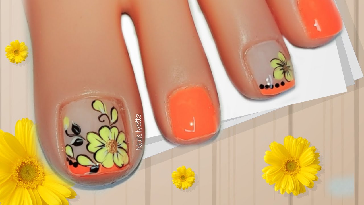 Modelo de uñas decoradas para pie color naranja y amarillo / Diseño de uñas  para principiantes - YouTube