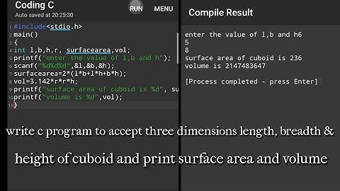C program to accept 3 dimensions length,width & height of cuboid & print area & volume#programming