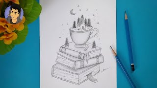 كيفية رسم كتب مع فنجان قهوة بالرصاص بالخطوات للمبتدئين في تعليم الرسم للمبتدئين | رسم سهل