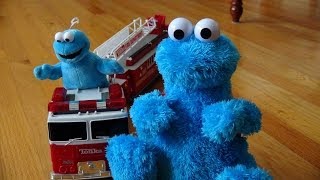 Cookie Monster Count' n Crunch , rides the FireTruck to get Cookies with Mini Cookie Monster