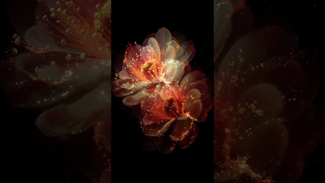 surreal abstract flowers made of glowing particles and digital glitches, red and orange tones, ce...