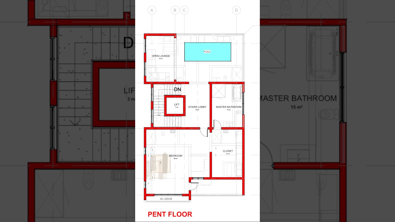Floor Plan to 3d model of a 6 bedroom Home with a pool on the roof.