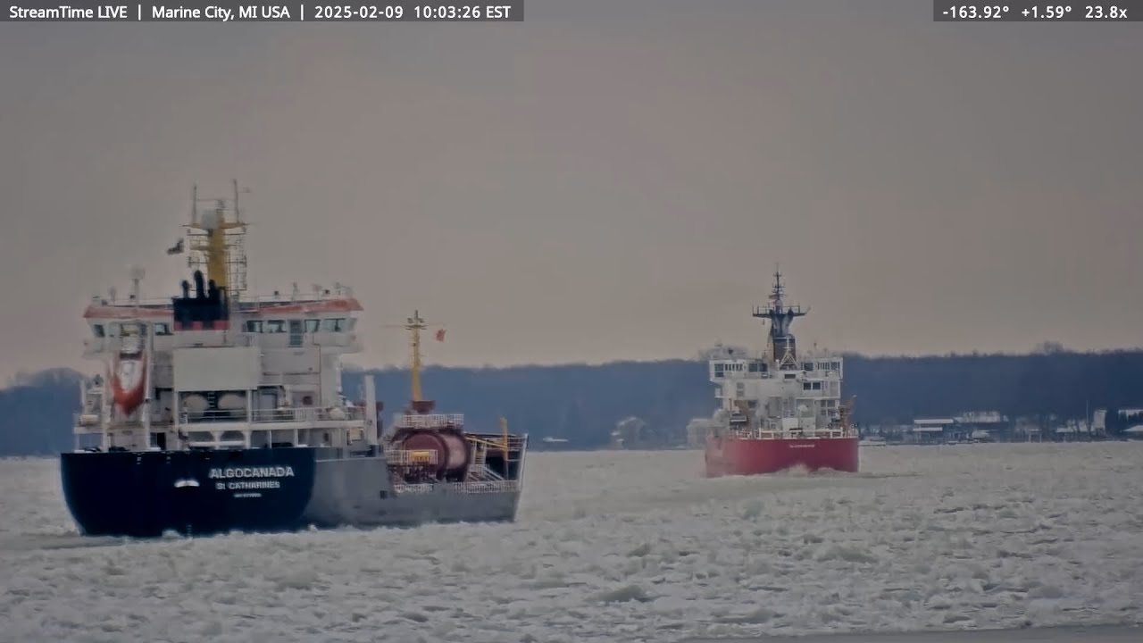 USCGC Mackinaw leading a downbound convoy of ships in Marine City 2-9-25