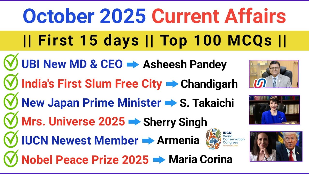 October 2025 Current Affairs MCQs | Top 100 MCQs | MCQ for All Exams ...