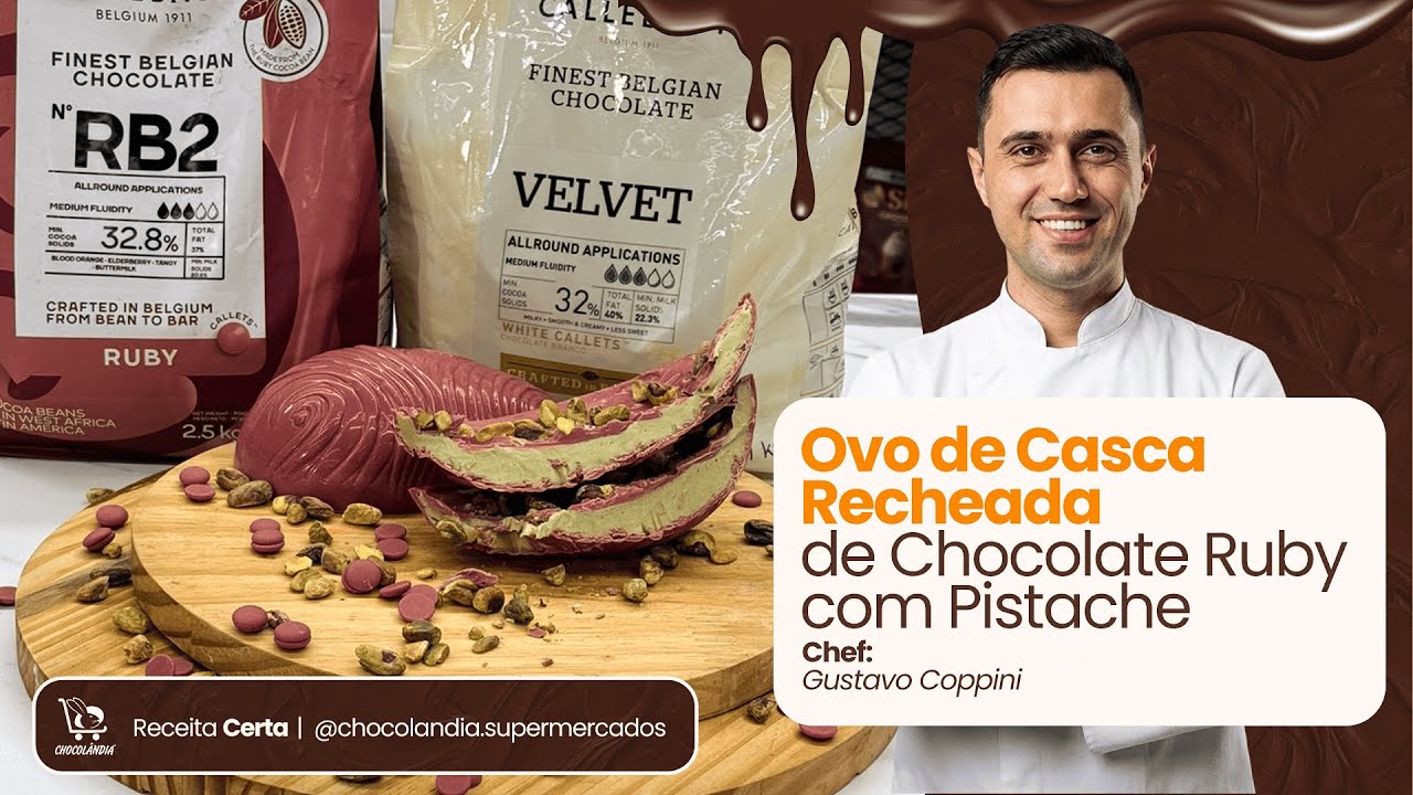 Ovo de casca recheada de chocolate ruby com pistache - Chef Gustavo Coppini