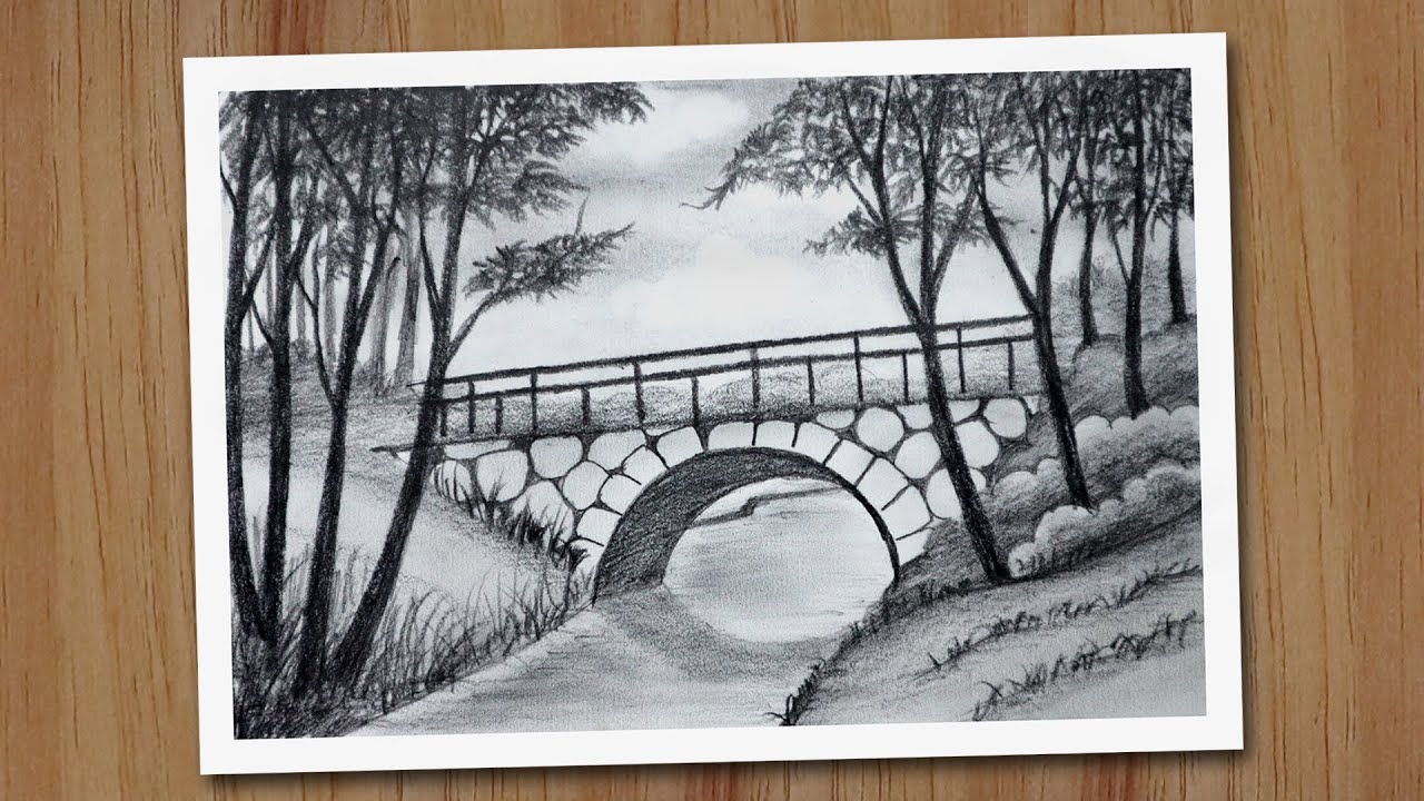 Forest bridge scenery drawing with pencil step by step, Pencil drawing