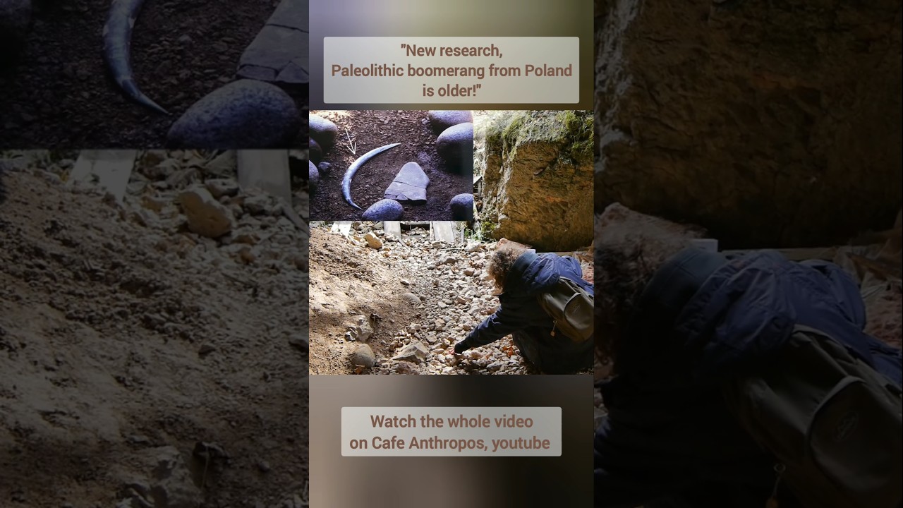 A paleolithic boomerang and a human finger bone are placed side by side in the cave. Poland.