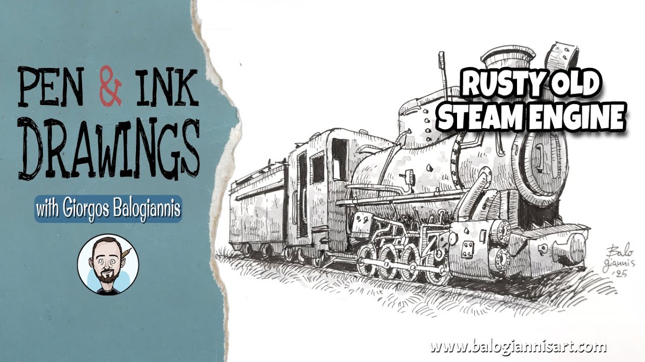 Steam Ink Rusty Old Steam Engine Ink Drawing – Speed Art Tutorial - YouTube