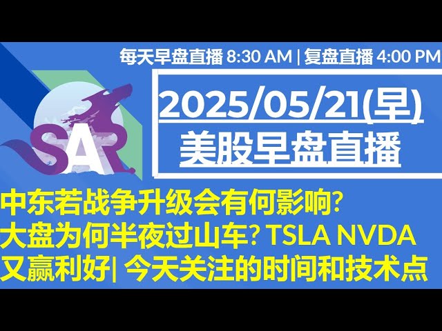 美股直播05/21[早盘] 中东若战争升级会有何影响? 大盘为何半夜过山车? TSLA NVDA 又赢利好| 今天关注的时间和技术点