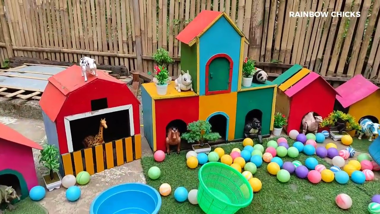 PLAYING WITH RAINBOW CHICKS AND BUNNY COLORFUL BALLS || CATCH THE FUNNY RAINBOW CHICKS