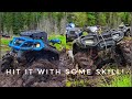 The pudding is deep, Honda Rubicon & Can Am Outlander planted in swamp- ATV MUDDING