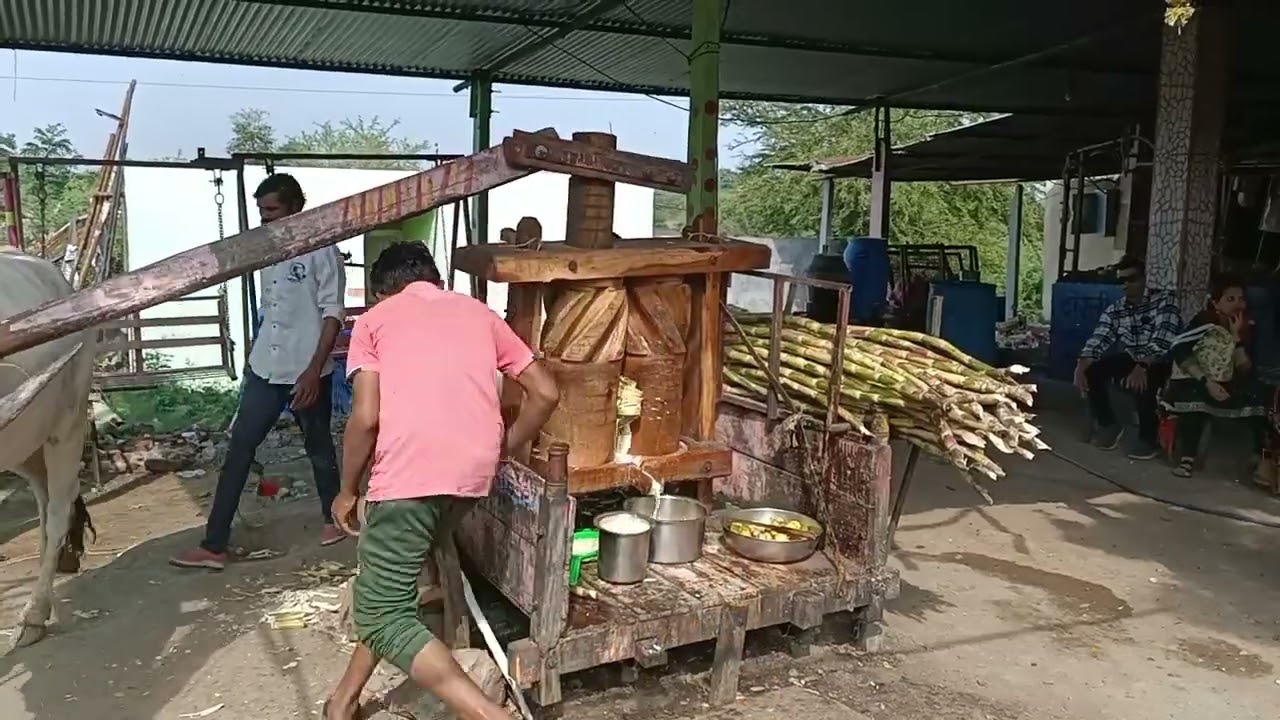 Wooden sugarcane juice extractor machine! – Wooden Sugarcane Juicer in Action! 