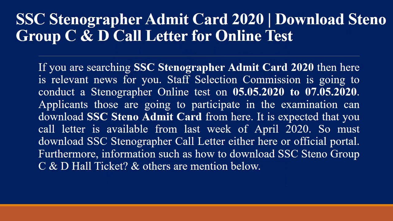 Download SSC Stenographer Admit Card 2020 for Group C & D Exam