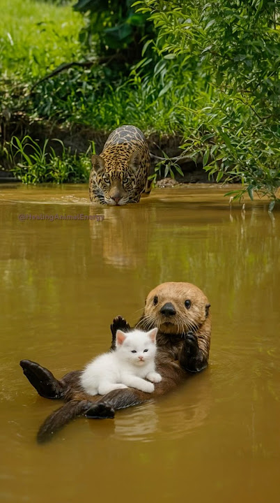 Unbelievable Bond: Otter Protects Kitten Across the River Under Predator’s Gaze