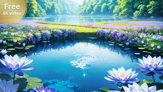 Background video of a pond landscape with purple lotus flower｜4K free animation｜ no copyright video