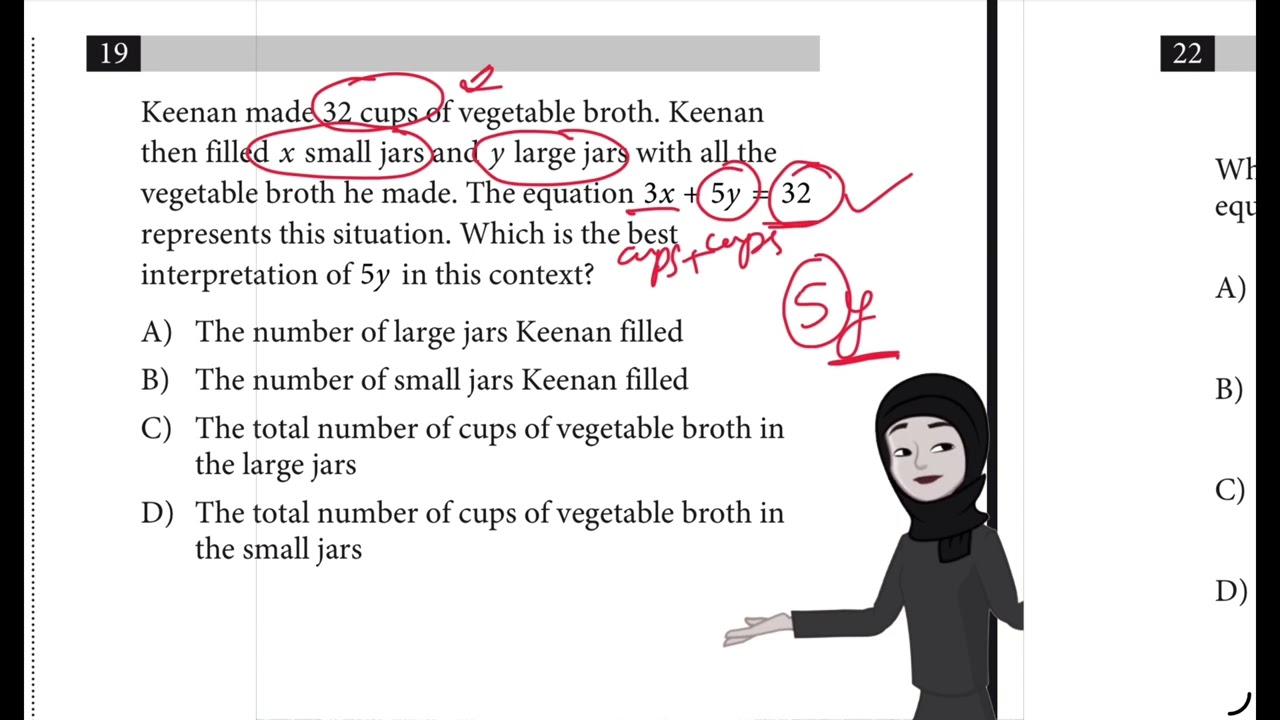 Пробный тест SAT 10, Вопрос 19, Модуль 2, Математика. Кинан наполнил x маленьких банок, y больших...