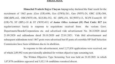 HP JOA Result Declared I HP JOA post Code 817 final List Released I #hpjoa #hprca