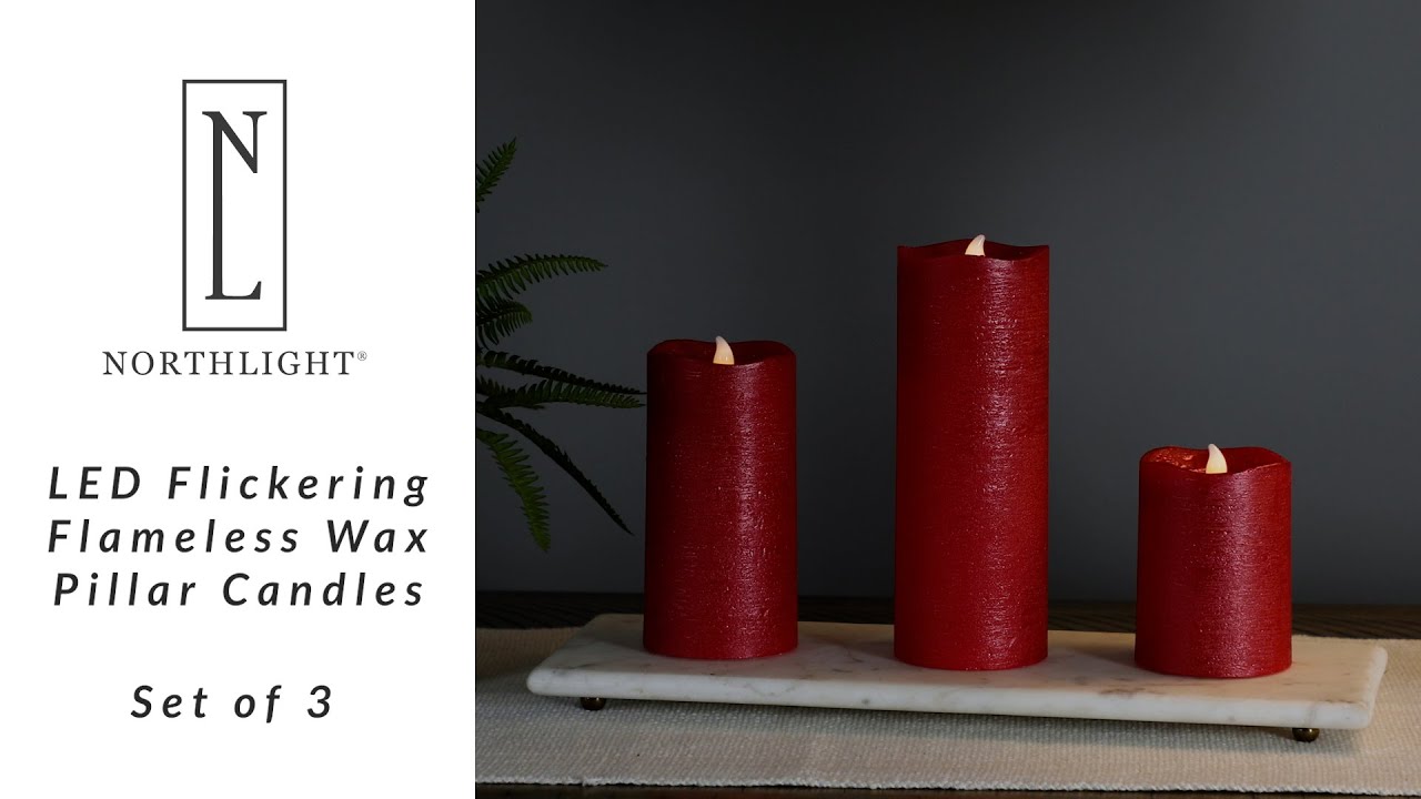 LED Flickering Flameless Wax Pillar Candles - 8" - Red - Set of 3 ...
