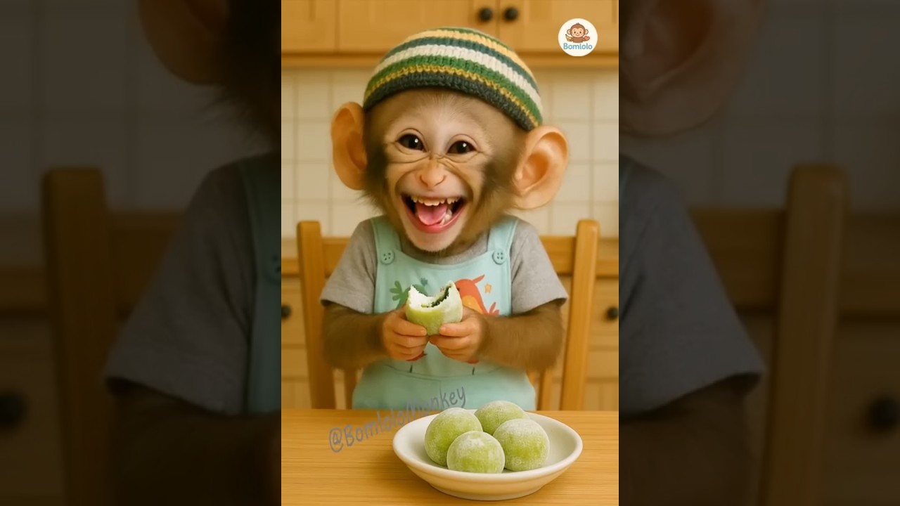 funny Monkey tries Green Mochi 🍡🐒😂 モンキーがグリーン餅を食べる！