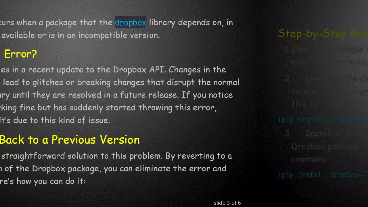 Resolving ModuleNotFoundError: Fixing the Dropbox Import Issue in Google Colab