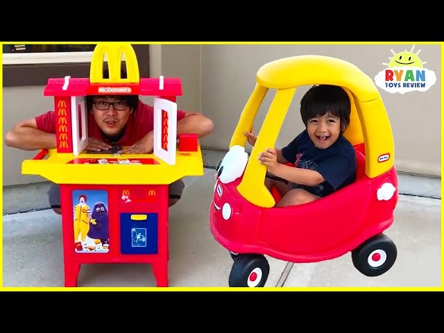 Ryan's Drive Thru Pretend Play on Kids Power Wheels Ride on Car with Emma and Kate!!! class=