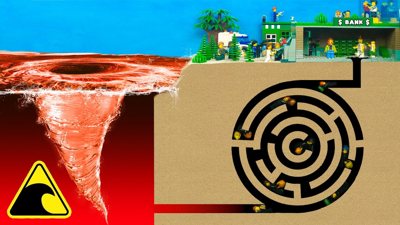 Water Vortex Crashes Bank Robbery Heist | Circular Maze Flooded By LEGO Tsunami Dam Breach