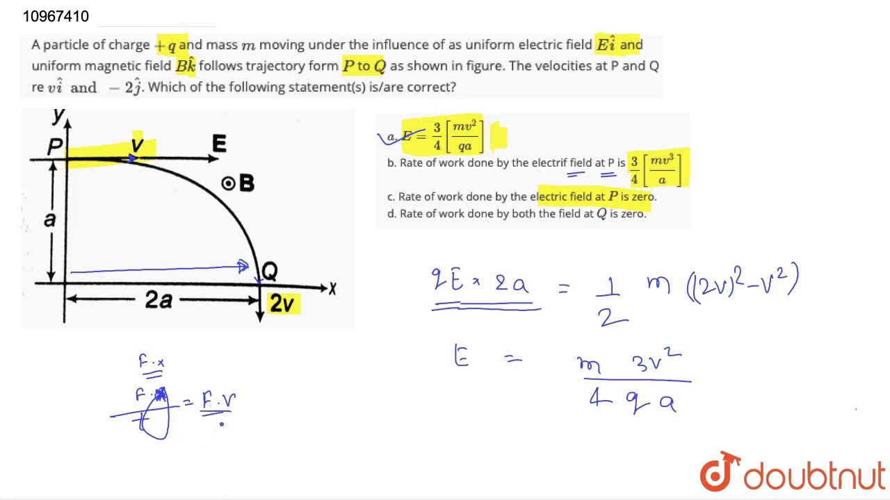 A Particle Of Charge Q And Mass M Moving Under The Influence Of As Uniform Electric Field Youtube