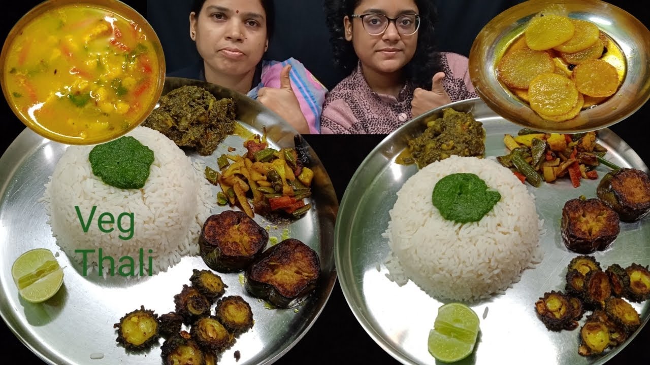 Veg Thali | Eating Challenge Video Part-8 | Chingri Shak Ghonto Veg Dal Begun Bhaja Green Chutney