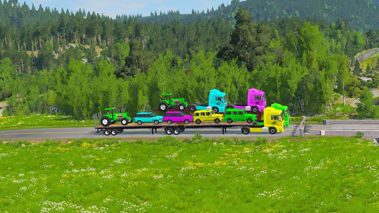 Double Flatbed Trailer Truck vs Speedbumps | Train vs Cars | Tractor vs Train | BeamNG.Drive #6