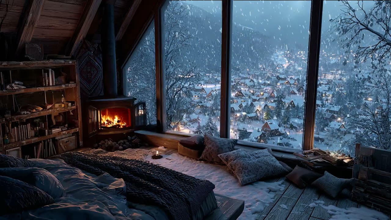 Snow Covered Landscape Beyond a Softly Lit and Comfortable Bedroom | Calm Valley Winter Retreat