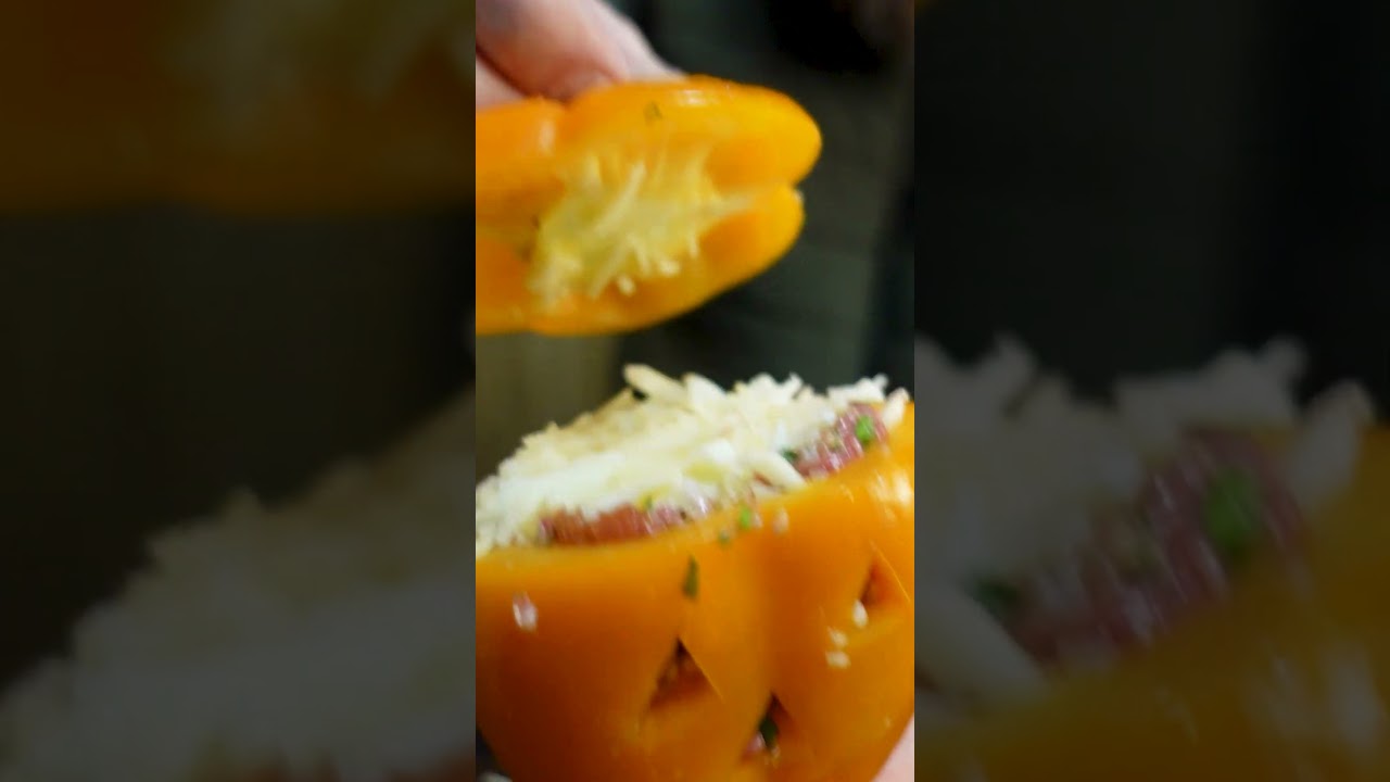 Halloween Dinner Idea Stuffed Meat and Rice Carved Pepper!