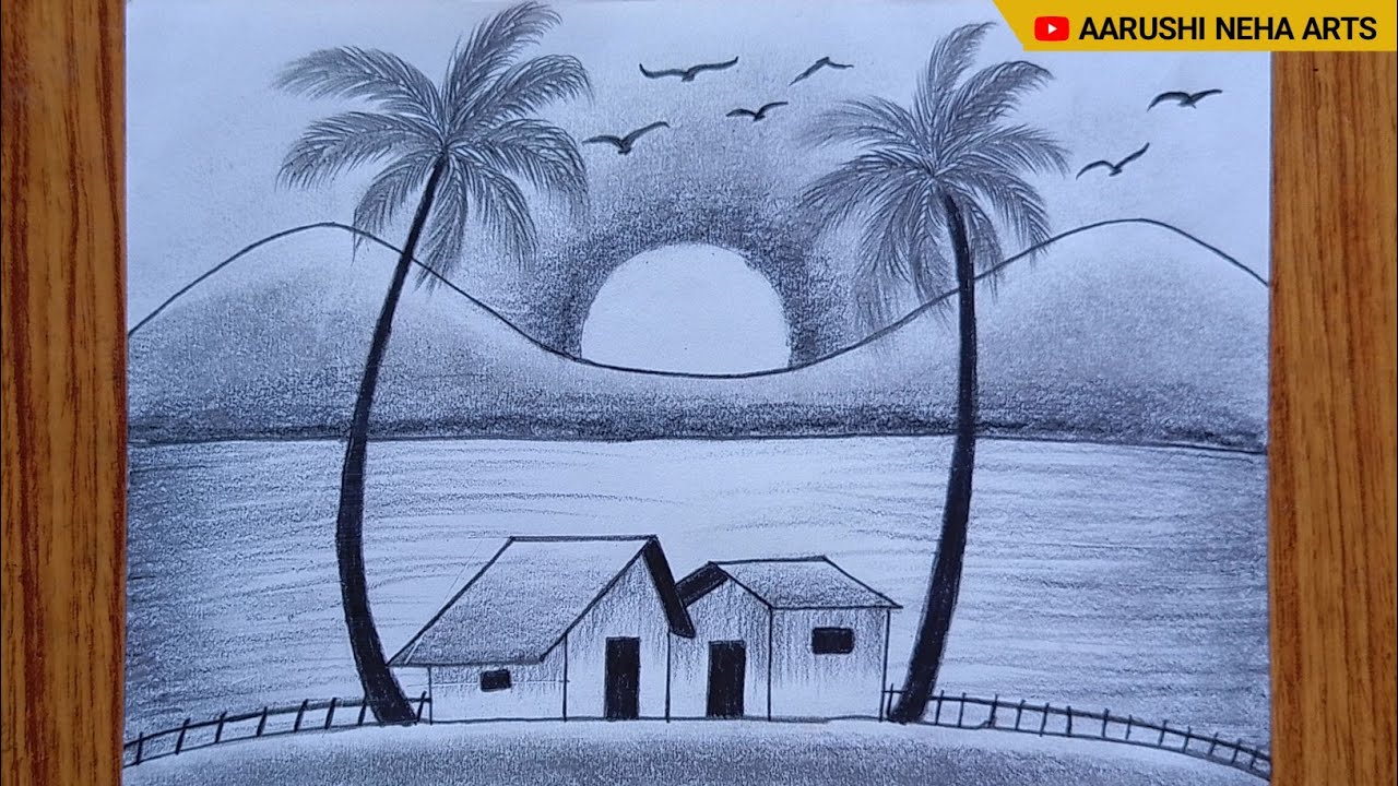 How to draw easy Scenery with Coconut Tree | Simple Landscape drawing ...