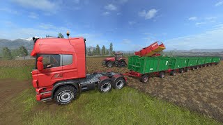 Truck Train with Five Trailers - Potato & Corn & Conveyor belt Handling Several Combine Harvesters